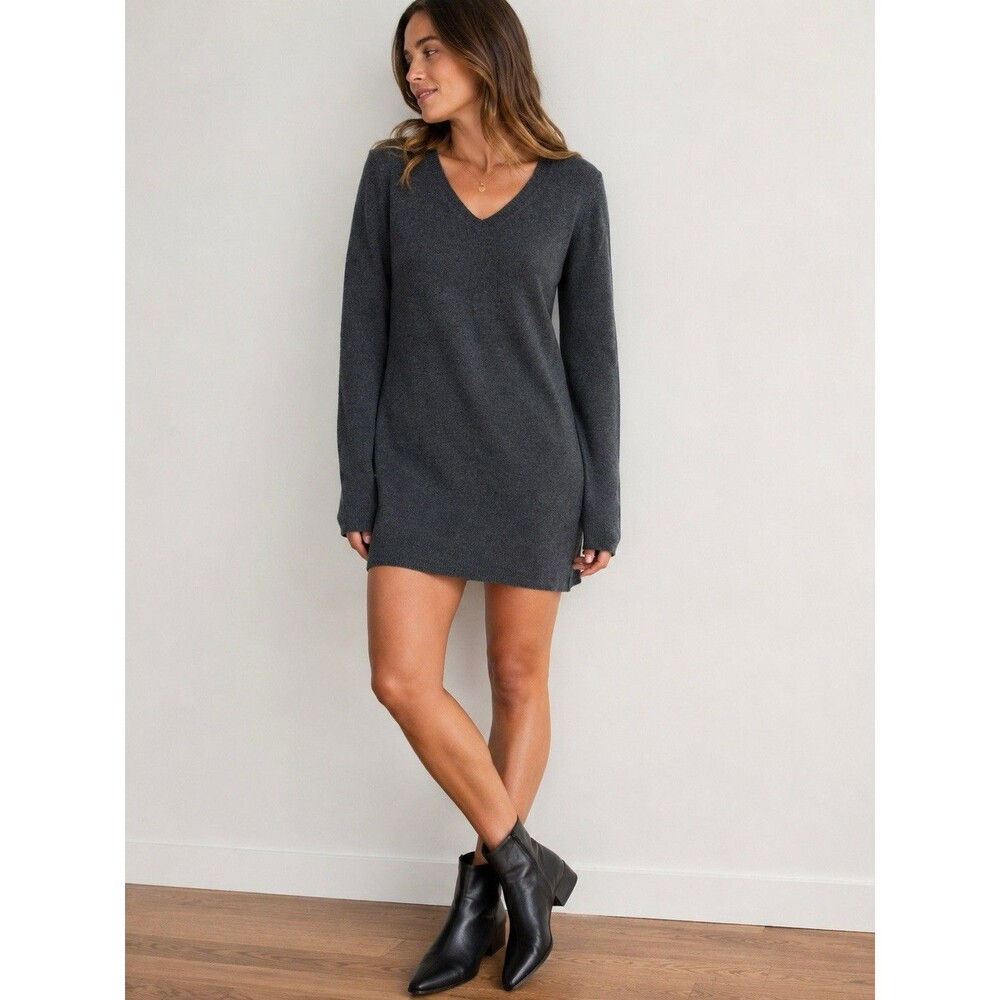 Mango Basics Charcoal Gray V-Neck Sweater Dress Knit Long Sleeve Women’s XS